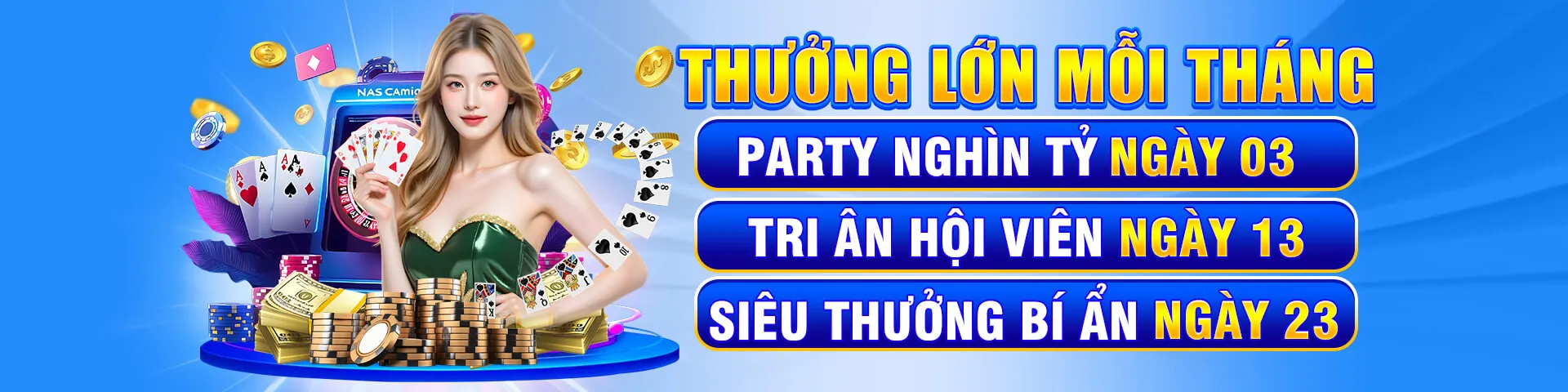 Hình ảnh chủ đạo về trò chơi nổ hũ sôi động với các biểu tượng may mắn và hiệu ứng ánh sáng vàng rực, thể hiện sự giàu có và cơ hội trúng lớn tại sòng bạc trực tuyến, liên quan đến đá gà casino trực tiếp.
